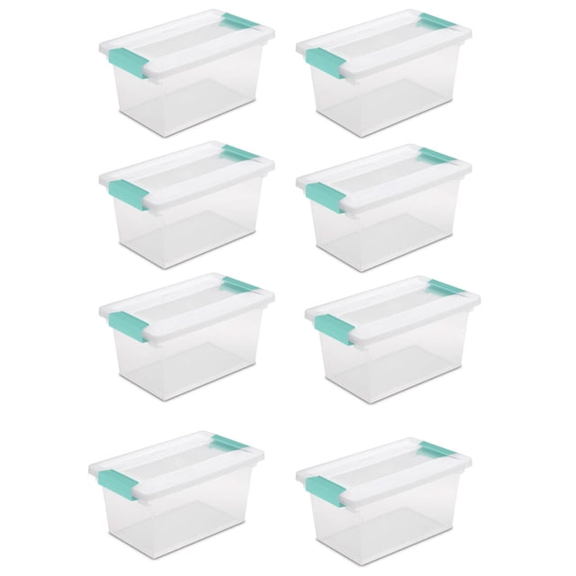 Sterilite Medium Clip Box, Stackable Small Storage Bin with Latching Lid, Plastic Container to Organize Office, Crafts, Clear Base and Lid, 4-Pack