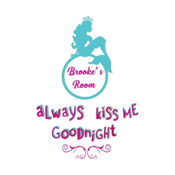 Personalized Name Girly Wall Decal Mermaid In A Crown Custom Name Bedroom Wall Decal for boys and girls Mermaid Always Kiss me Goodnight Themed Kids Room Decal - Size: 14 In x 20 In