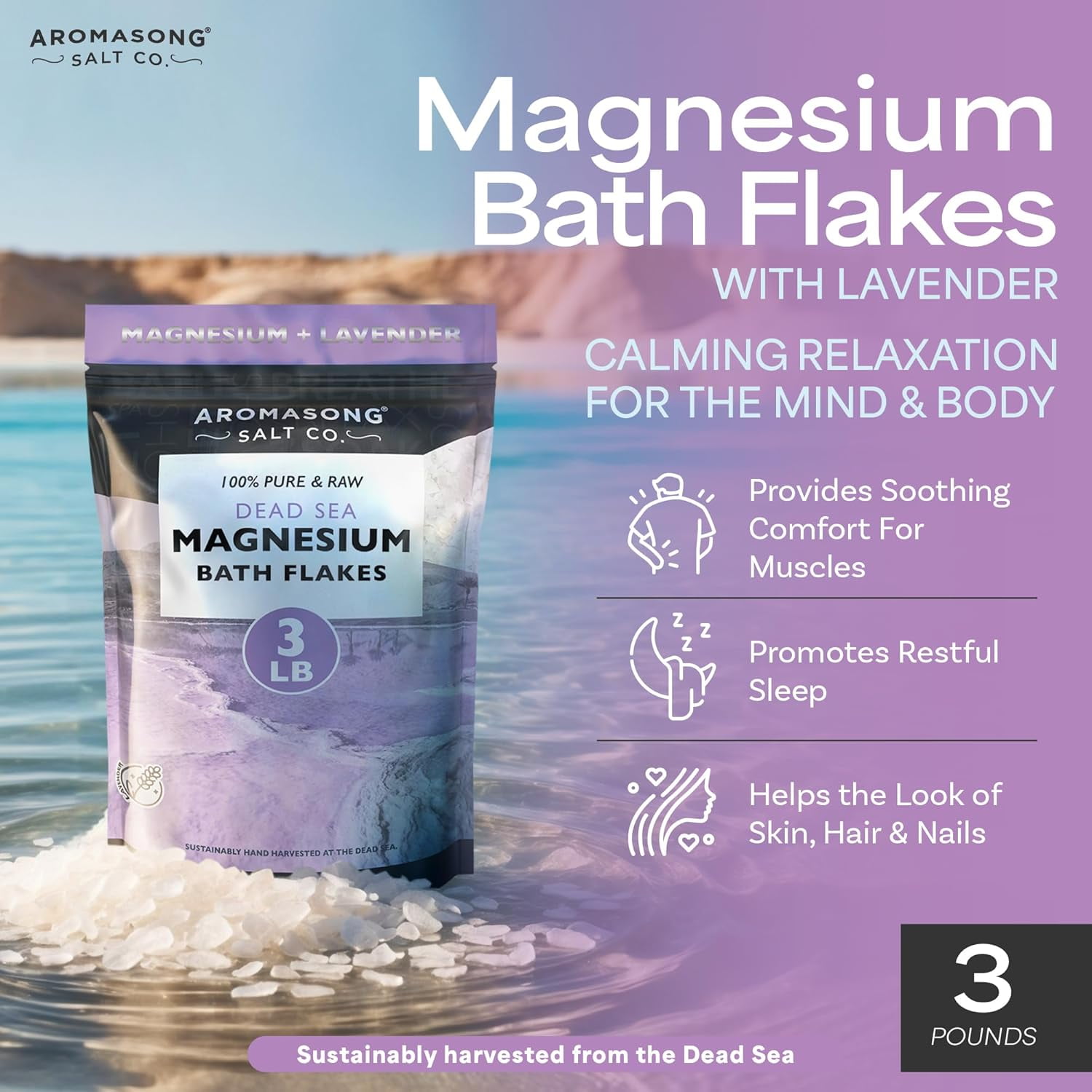 Aromasong Raw Magnesium Dead Sea Bath Salt Flakes 3 lB with 100% Natural Lavender