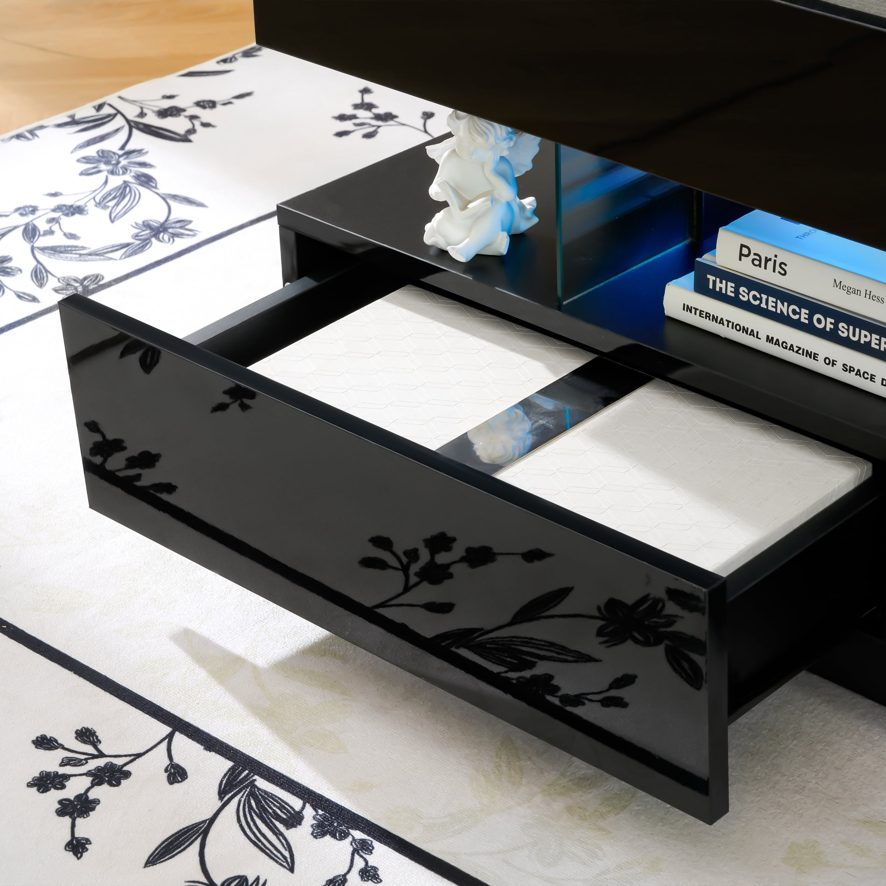 BaPiPro 39.3" Lift Top Coffee Table with LED Lighting, Hidden Compartment, 2 Storage Drawers, Adjustable Height, Black