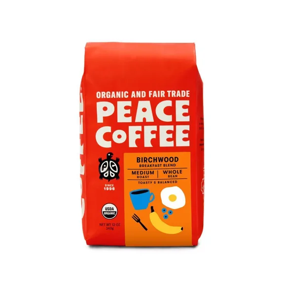 (Pack of 6), Peace Coffee Organic Birchwood Breakfast Blend — Whole Bean, 12 oz