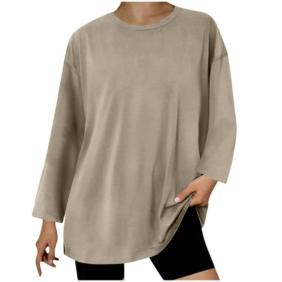 Nfurl Oversized Long Sleeve T Shirts Casual Drop Shoulder Tops Loose Fit Solid Color Basic Tshirt Workout Blouses Khaki XXL