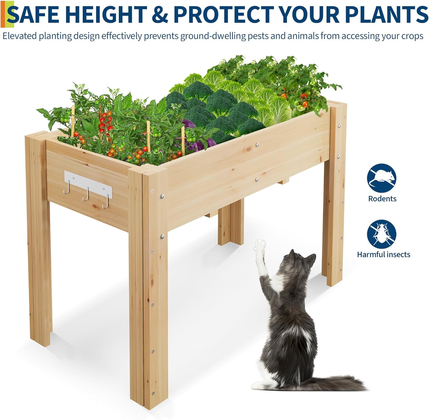 Garvee Wood Planter Box, Wooden Raised Garden Bed with Legs & Hooks, 46.06 x 23.1 x 30", Oak