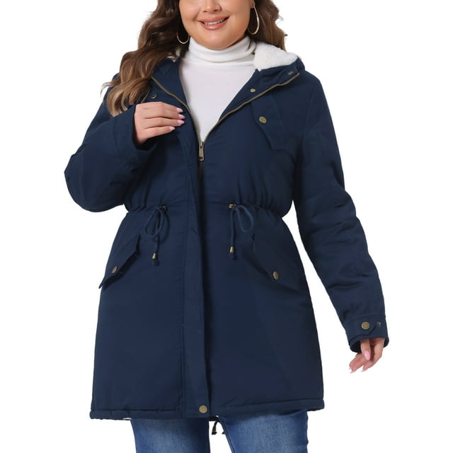 Abrigos Parkas de Talla Grande para Mujeres GRACE & GRANDEUR, Chaquetas Forradas de Piel Sintética, Abrigos Largos Casual Anorak con Capucha 2X Azul Marino