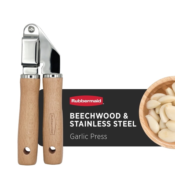 Rubbermaid Garlic Press Stainless Steel | Essential Kitchen Mincer & Crusher for Efficient Meal Prep | Rubberwood Handle | Unpeeled Cloves, Odor-Free Hands, Easy Clean