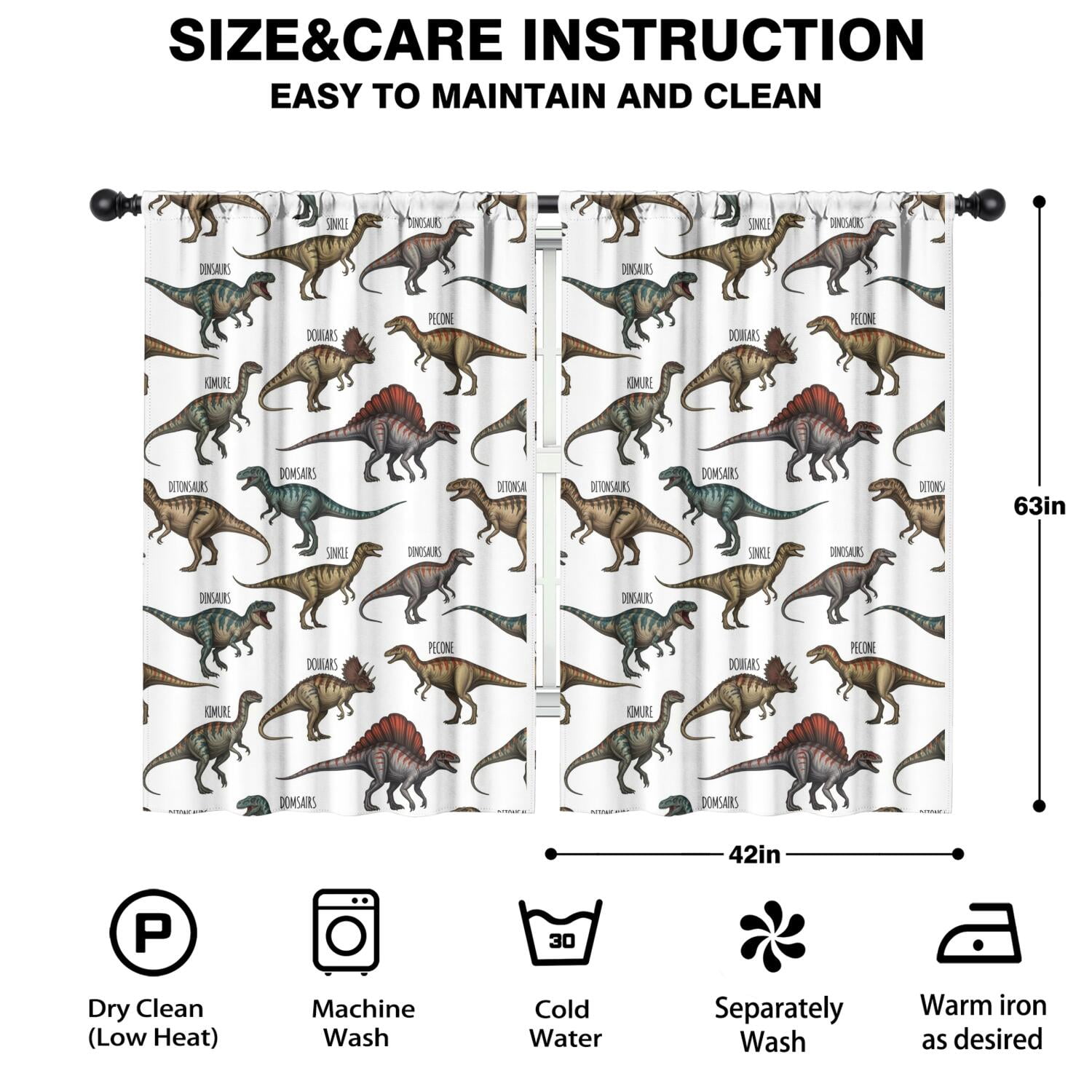 Blackout Kids Curtains,Cartoon Dinosaurs Names Pattern Childrens Insulated Curtains Set Of 2,Bedroom Essentials,Toddler Room Decor 42"x63"