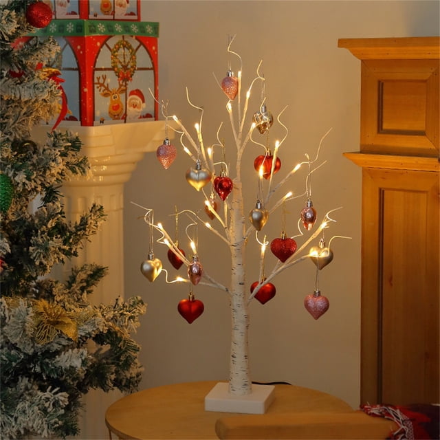 Décorations de la Saint-Valentin, Arbre de Bouleau avec Ornements Suspendus en Forme de Cœur, Arbres Artificiels Lumineux avec Lumières DEL Roses et Rouges, Brindilles Lumineuses de Table à Piles pour la Maison et l'Intérieur