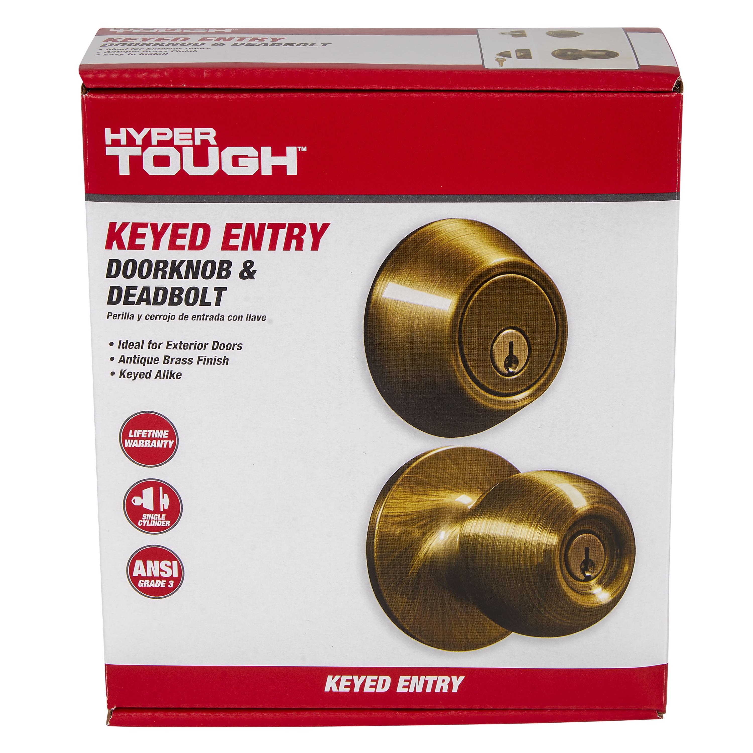 Hyper Tough Keyed Entry Antique Brass Ball Doorknob and Deadbolt Combo Pack