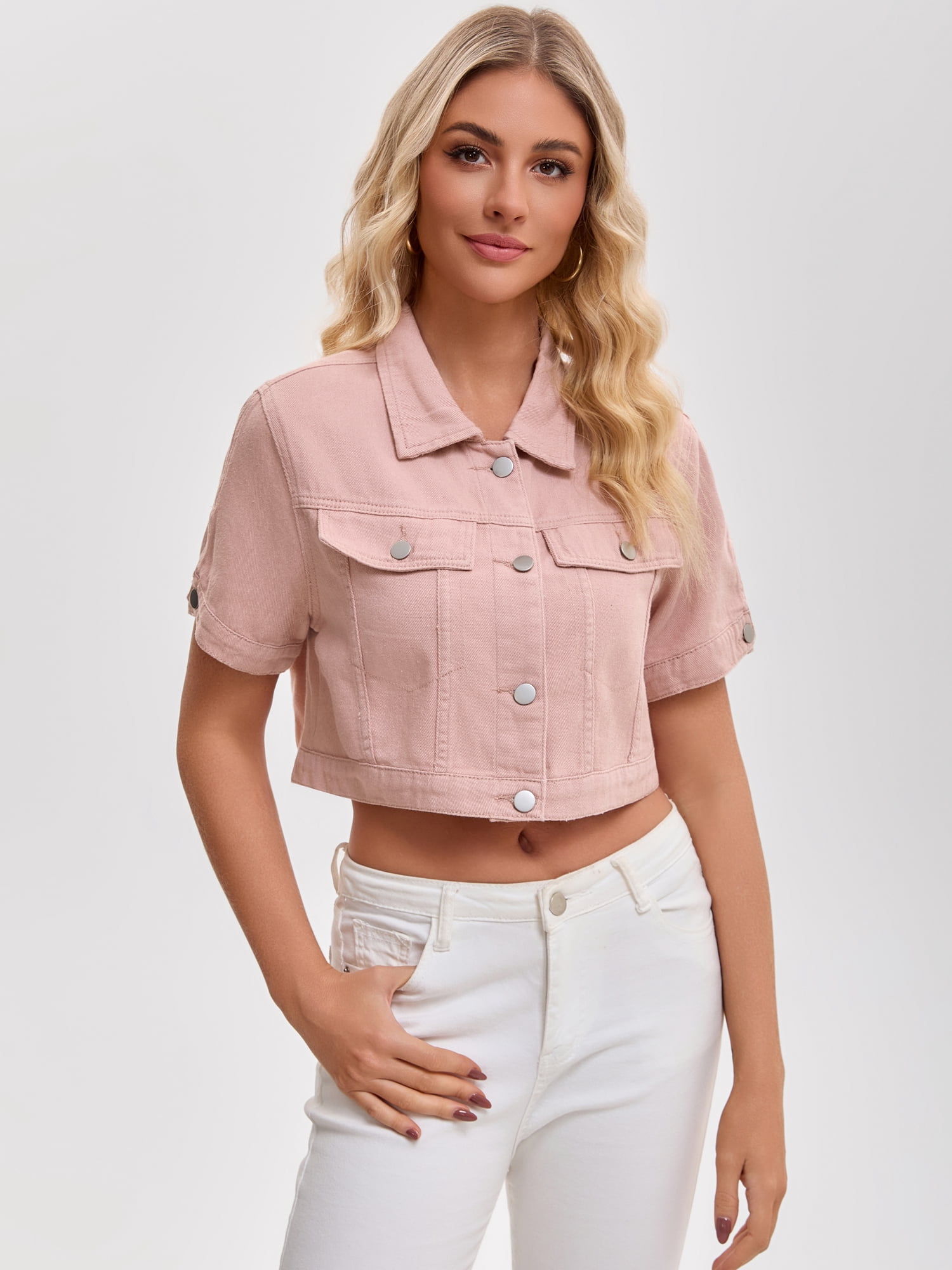 DARING DIVA Women's Short Sleeve Denim Rendy Casual Cropped Jean Jacket M Pink