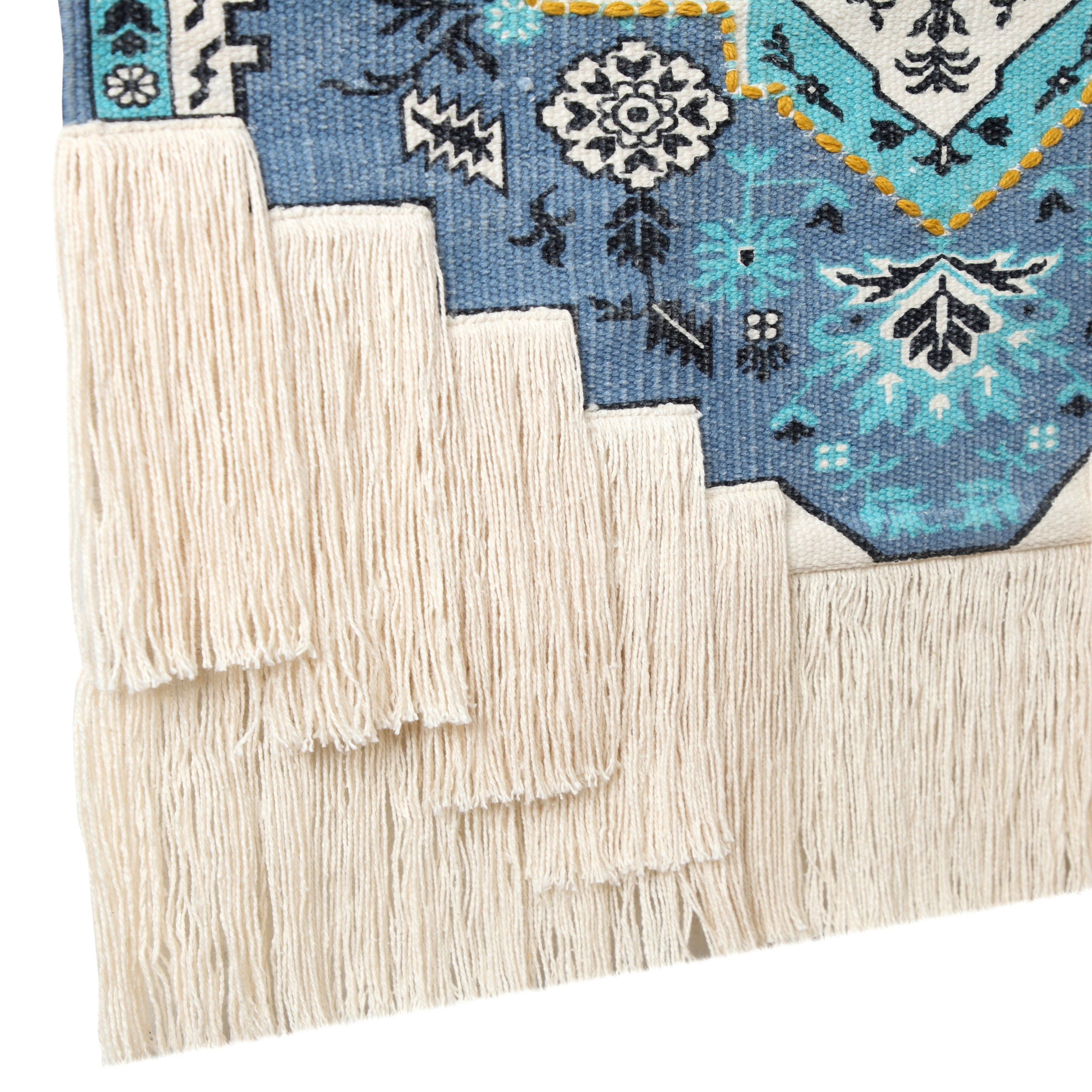 Ox Bay Xavi Teal Blue/White Boho Floral with Fringe Wall Hanging, 25.5" x 45"