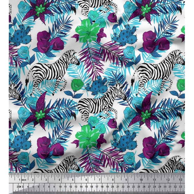 Soimoi Blue Polyester Crepe Fabric Tropical Leaves & Wild Animal Print Sewing Fabric BTY 42 Inch Wide