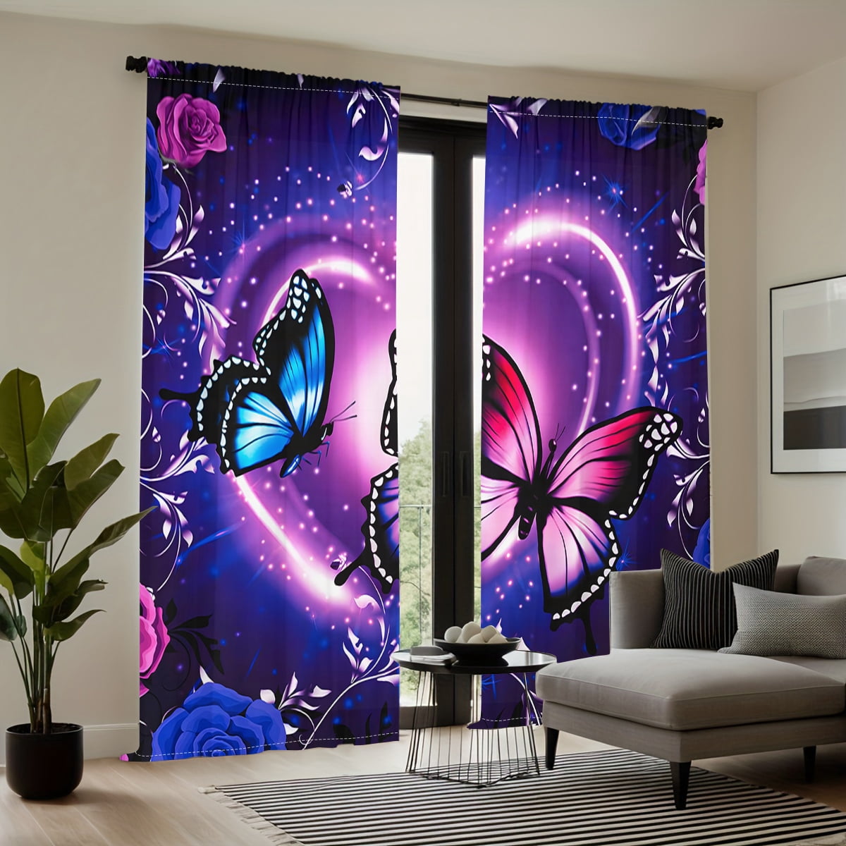WNOOHIY Vivid Romantic Purple Butterfly Heart Light-Filtering Curtain for Bedroom and Living Room, Set of 2 Panels