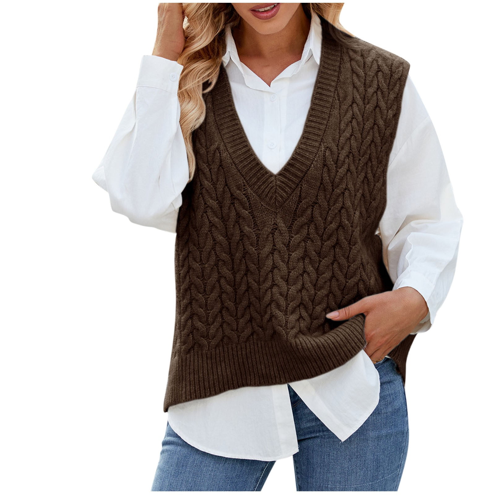 FAIWAD Womens Sweater Vest Solid Color Sleeveless Cable Knit
