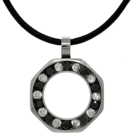 Jewelry Trends Stainless Steel Circle Pendant with Black and Clear CZ s on 18 Leather Necklace