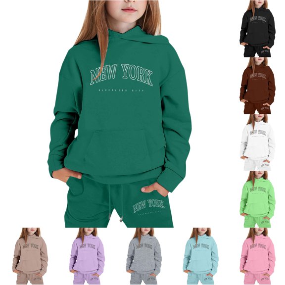 RUTAYY Girls 2 Piece Outfit Letter Print Long Sleeve Hoodie and Sweatpants Set for Daily Casual Outings Dark Green