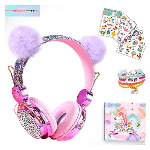 Girls Pink Unicorn Wired Headphones,Cute Cat Ear Kids Game Headset for