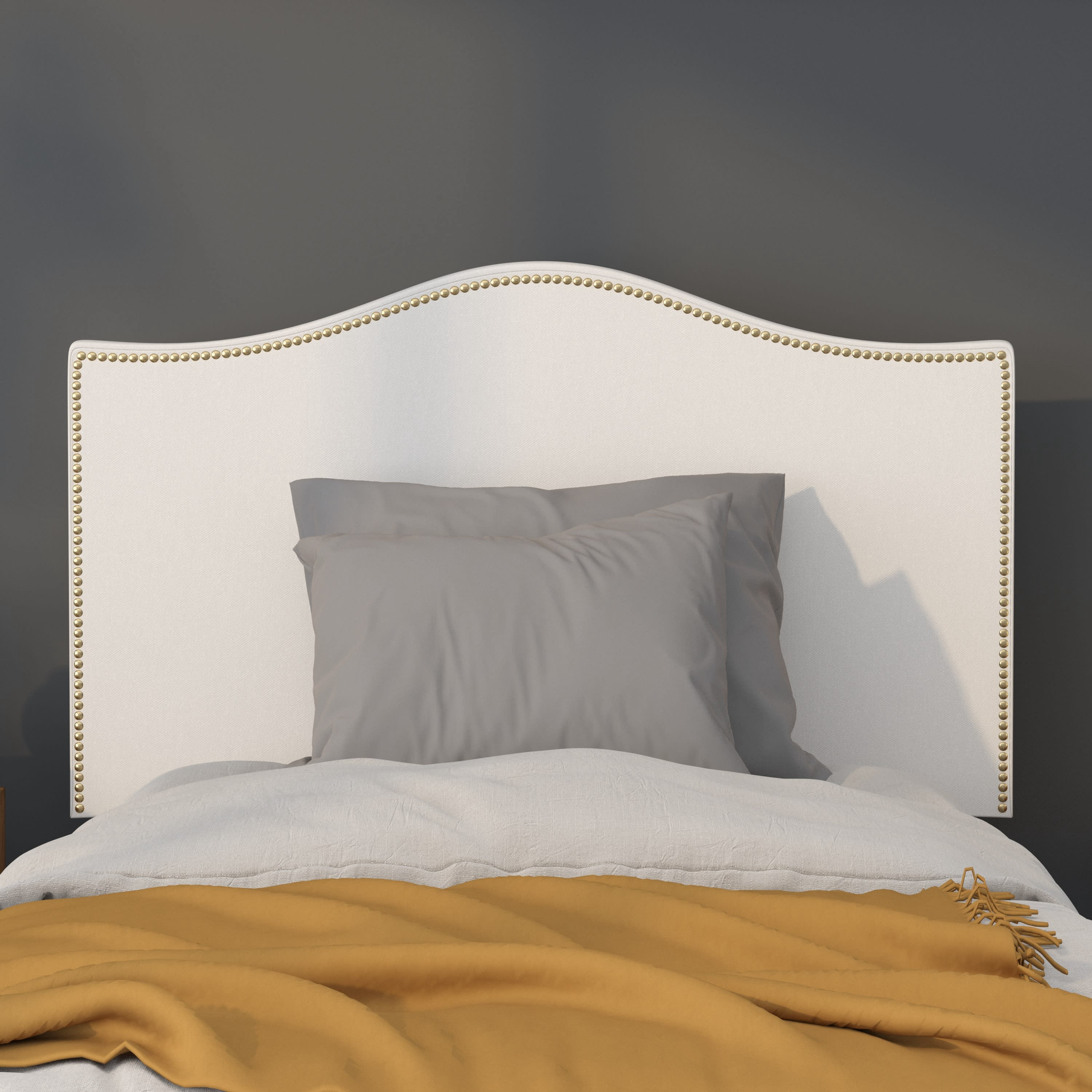 BizChair Upholstered Twin Size Arched Headboard with Accent Nail Trim in White Fabric