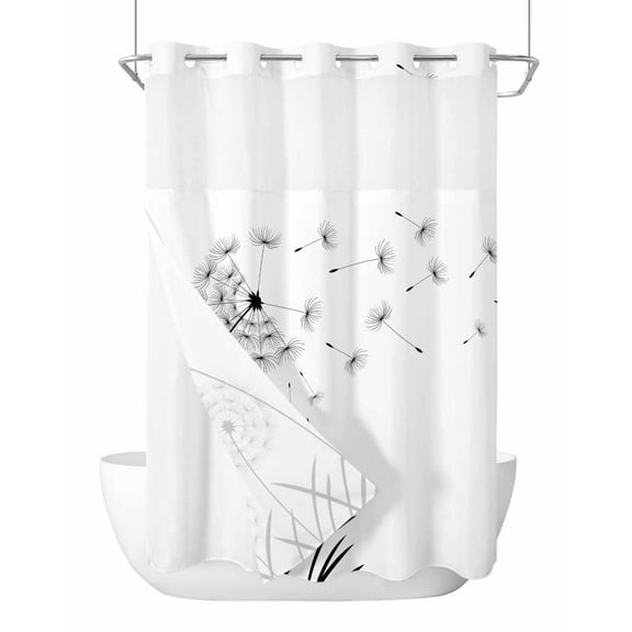 No Hook Shower Curtain with Snap-in Liner, Spring Floral Waterproof Fabric Bathroom Curtains, Modern Elegant Pastoral Flowers Black Bath Curtains & Mesh Top Window 60"x72"