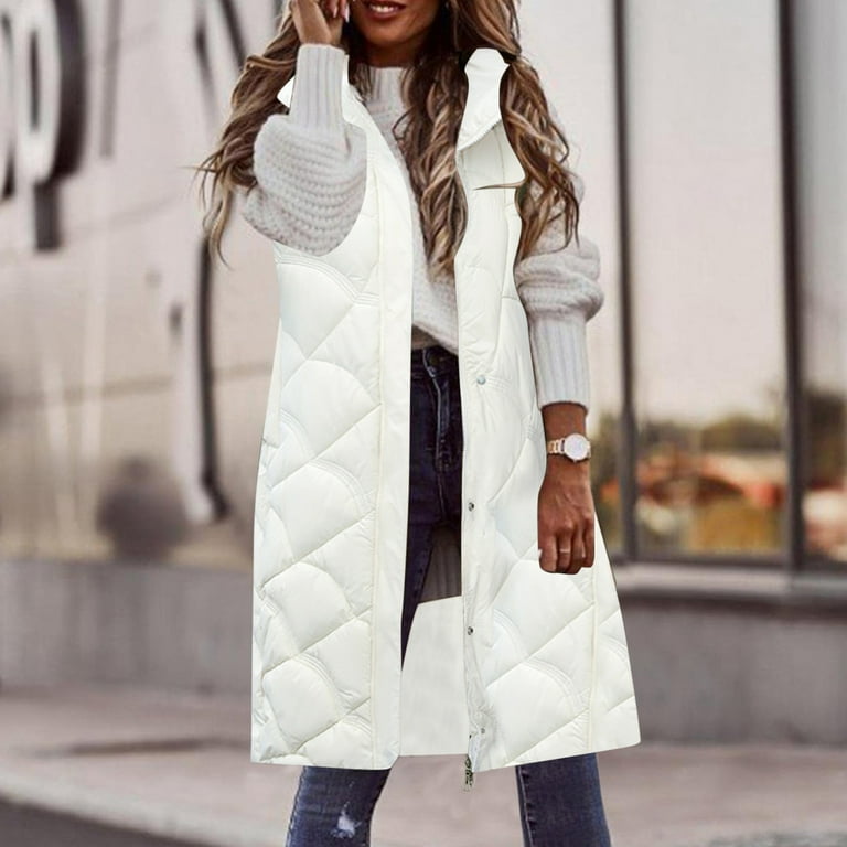 Womens Quilted Long Puffer Vest Jacket with Hood, Sleeveless
