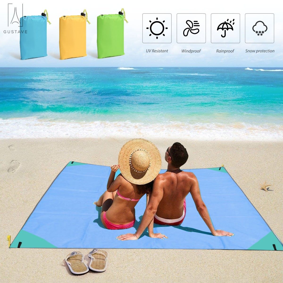Gustave Beach Blanket Picnic Mat Camping Ground Mat Mattress Outdoor Blanket Waterproof Sandproof Beach Mat Portable Picnic Blanket with 4 Stakes & Carry Bag "Yellow" - image 2 of 9