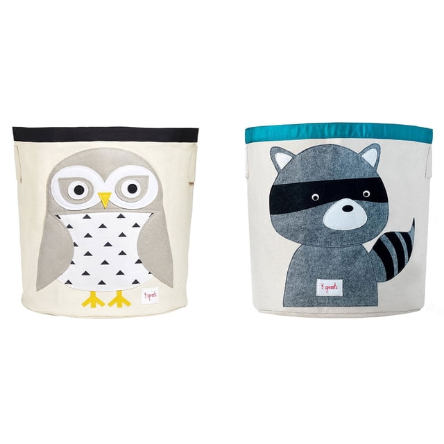 3 Sprouts Canvas Storage Bin Toy Basket for Baby & Toddlers, Owl & Raccoon
