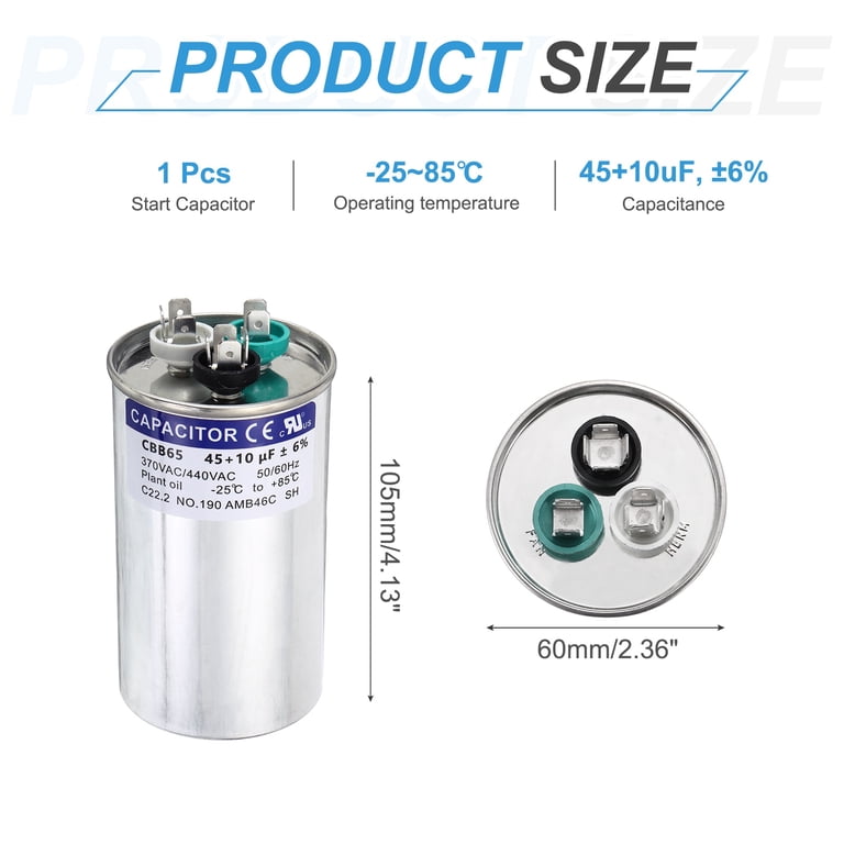 Uxcell 45+10MFD CBB65 Run Start Capacitor 45+10uF, 370/440V Round