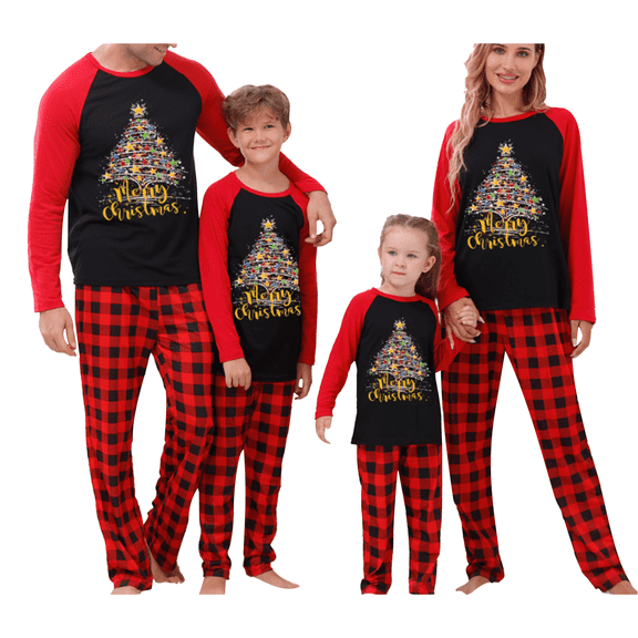 Christmas Pajamas for Family, Long Sleeve Hat Print Tops   Buffalo Plaid Pants Set Sleepwear