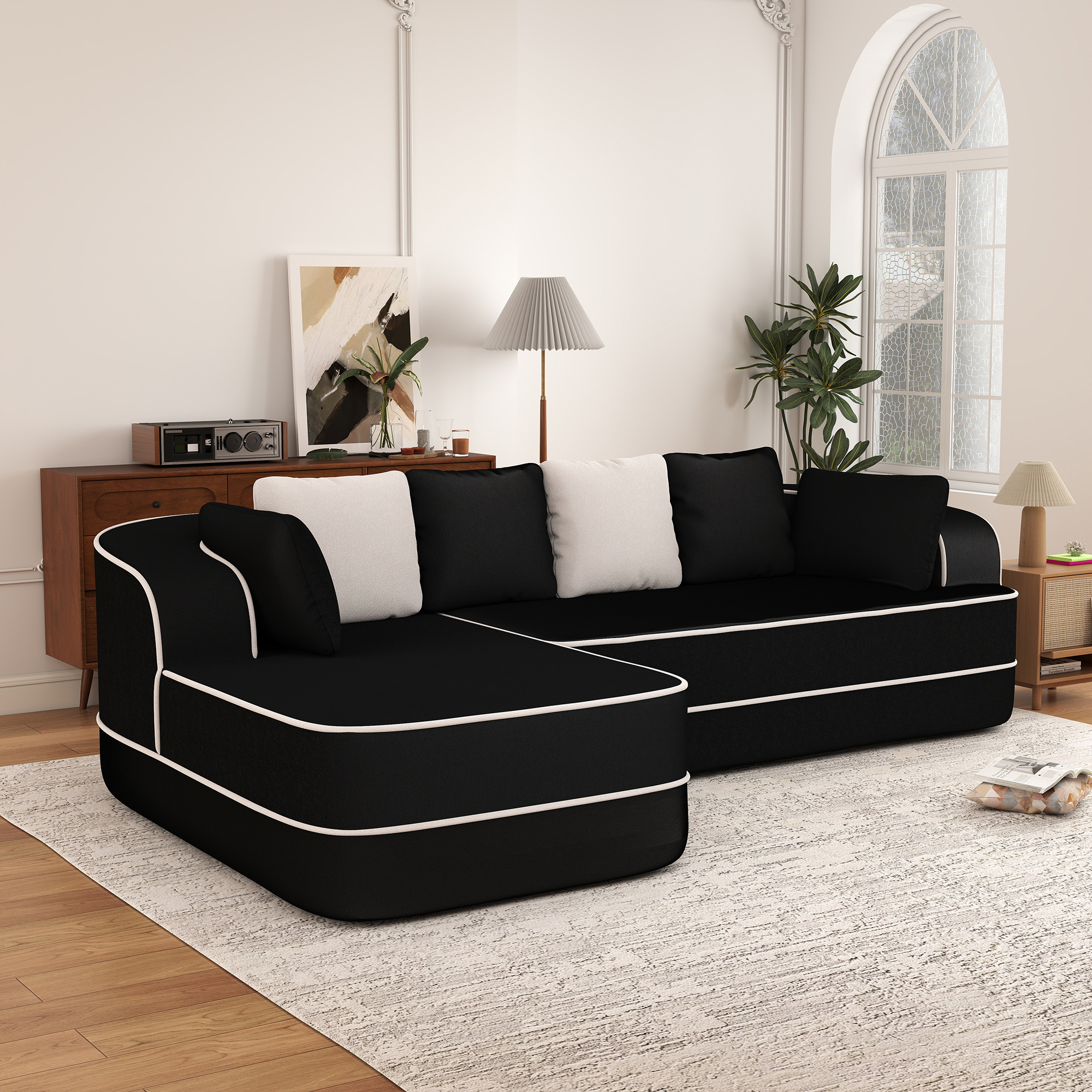 Aukfa 106" 2-Piece Modular Sectional Sofa for Living Room, Right Chaise, Plush Teddy Velvet, Black