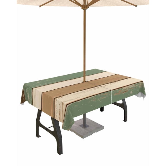Fsddascl Farmhouse Sage Green Brown Outdoor Tablecloth - 60x120 Inch Rectangle Dining Table Cover, Country Vintage Wooden Waterproof Outdoor Table Cloth with Umbrella Hole & Zipper for Picnic/Patio
