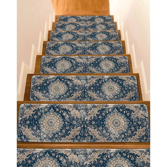 Navy Blue Boho Stair Treads for Wooden Steps Indoor Runner Rug Carpet, Modern Geometric Abstract Ehtnic 4 Pieces Peel and Stick Staircase Step Treads Covers Washable Throw Door Mats, 30"x8"
