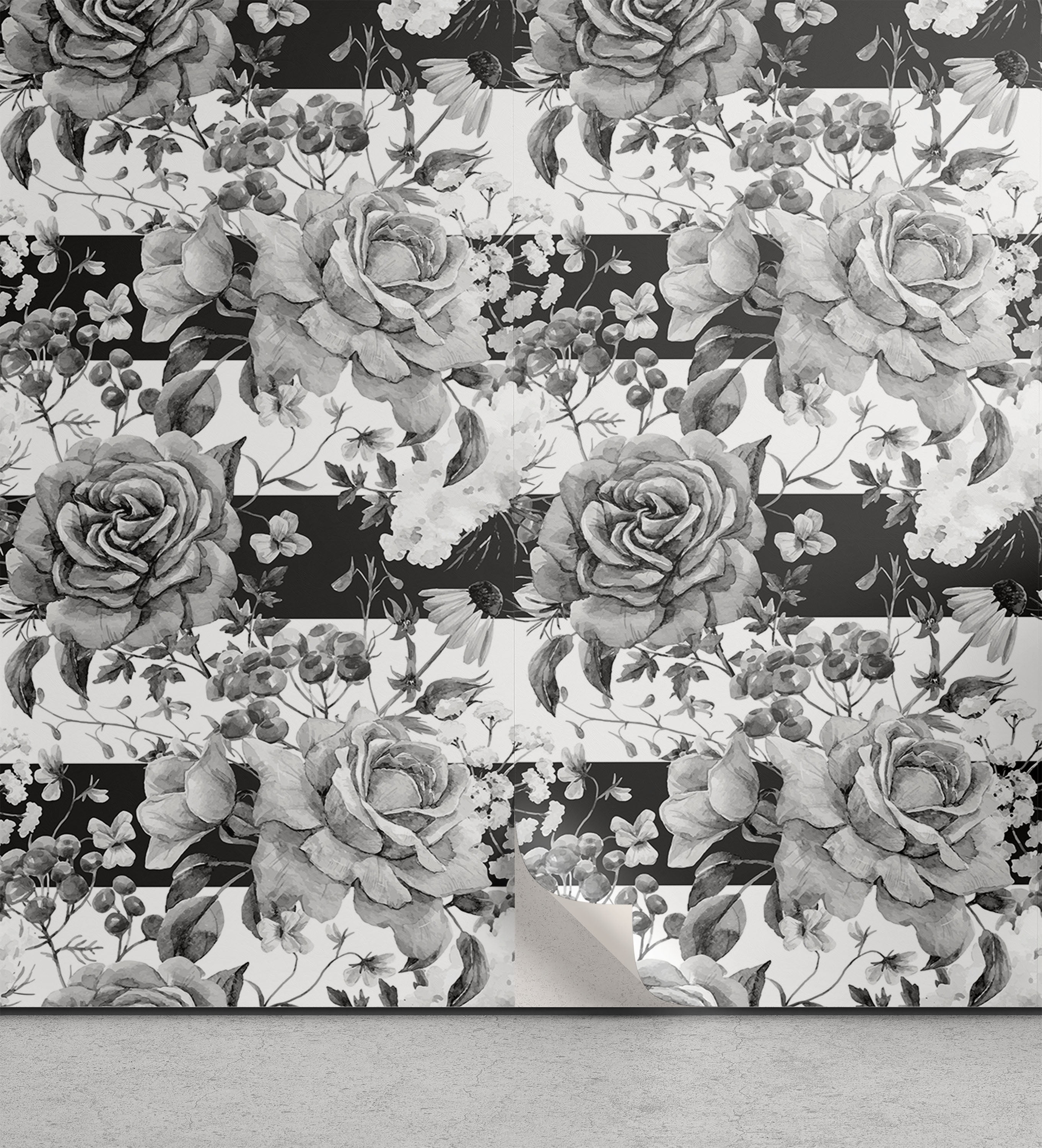 Roses Peel & Stick Wallpaper, Black and White English Garden Detailed