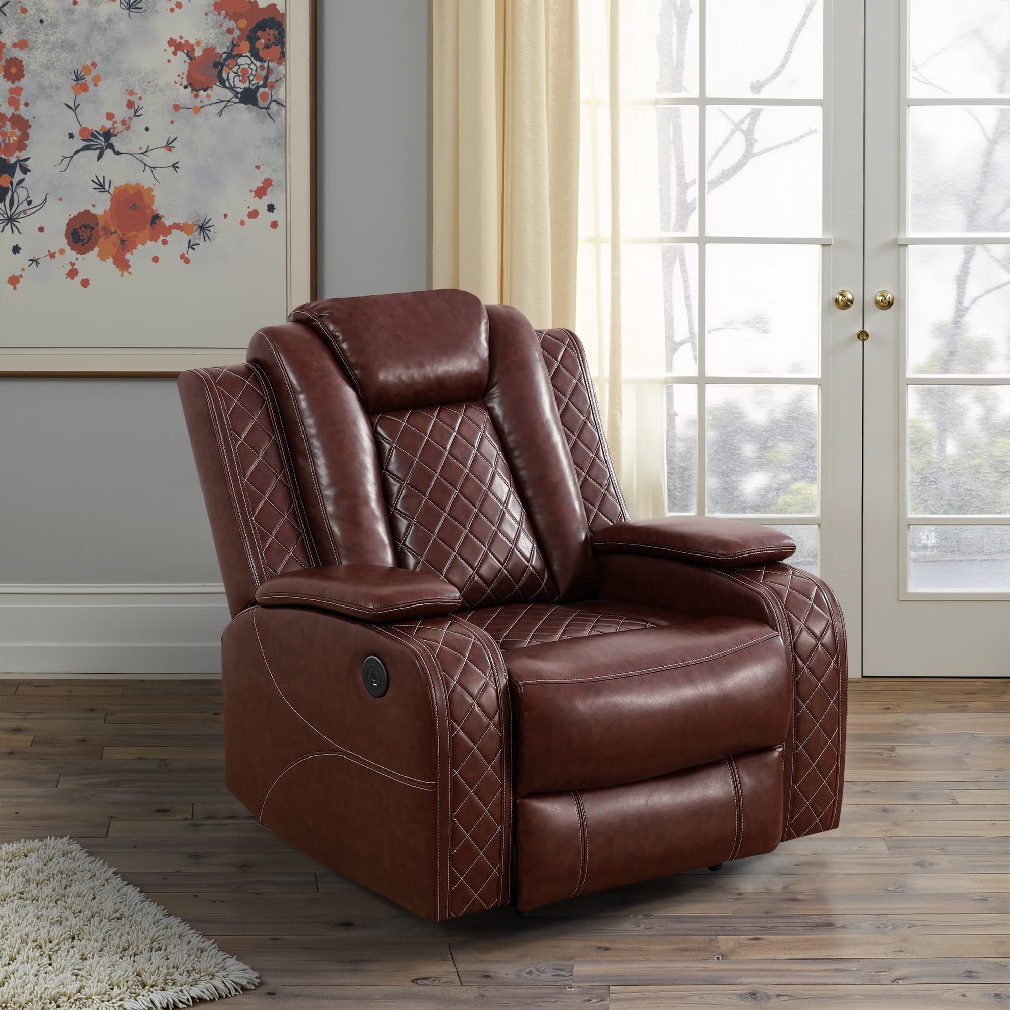 MAYEERTY Power Recliner Chair, Electric Leather Reclining Chair with USB Charging, Storage Armrest & Adjustable Backrest for Small Spaces, Brown