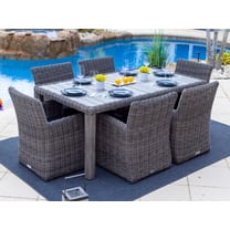 Malmo 7-Piece Resin Wicker Outdoor Patio Furniture Dining Table Set In Gray w/ Dining Table and Six Cushioned Chairs (Full-Round Gray Wicker, Sunbrella Canvas Navy)