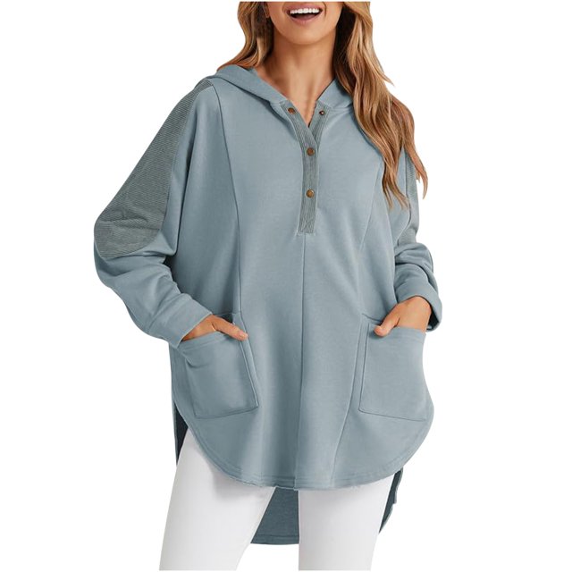 Bowake Women's Oversized Hooded Sweatshirts Button up Long Sleeve Tops Side Slit Pullover Fall Tops Blouse with Pockets