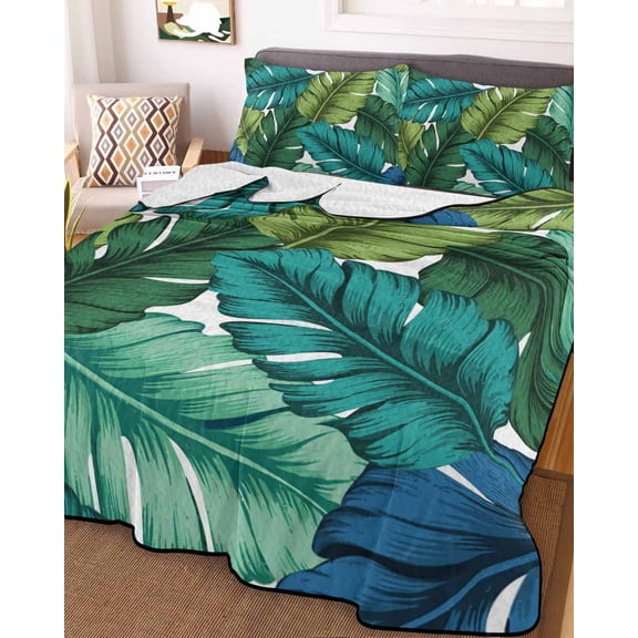 Summer Tropical Leaves King Size Down Alternative Comforter, Lightweight Comforter Quilt Bedding Set with Pillow Shams Blue Green Botanical Leaf Plants All Seasons Bed Comforter Duvet Insert 96"x106"