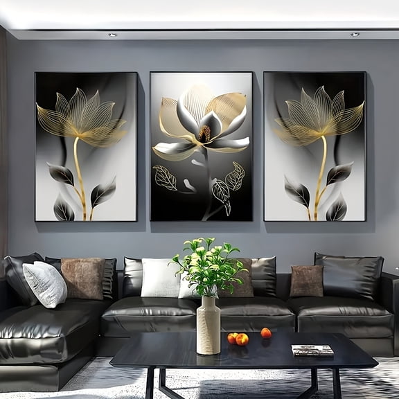 3pcs Modern Luxury Floral Canvas Art Prints - Frameless Reusable 2D Flat Wall Decor for Living Room, Bedroom, Office - Elegant Home Décor with Golden Accents, Easy to Hang & Maintain, Home Decor And