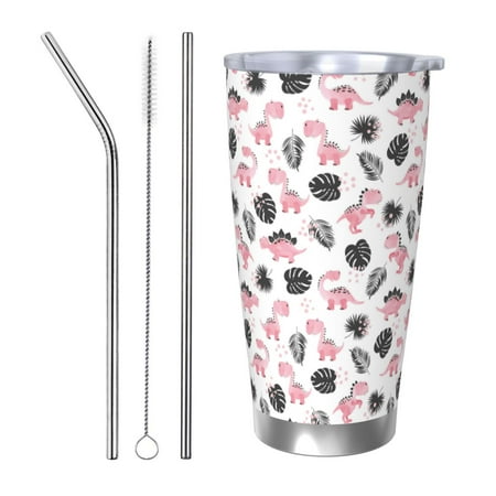 

Uemuo Cute Dinosaur Print Travel Coffee Mug 20oz Double-walled Car Cup Stainless Steel Insulated Tumbler Leak-proof Travel Cup Reusable Straw Car Cup-Straw Three-piece Set