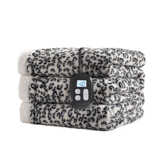 SUNNY HEAT Full Size Electric Heated Blanket - 72''x84'' Soft Flannel, 10 Heating Levels with 1-12H Auto Off, Safety Overheat Protection, Leopard Blue & White Design