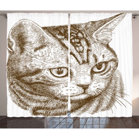 Cat Curtains 2 Panels Set, Portrait of a Kitty Domestic Animal Hipster Best Company Fluffy Pet Graphic Art, Window Drapes for Living Room Bedroom, 108W X 84L Inches, Chocolate White, by