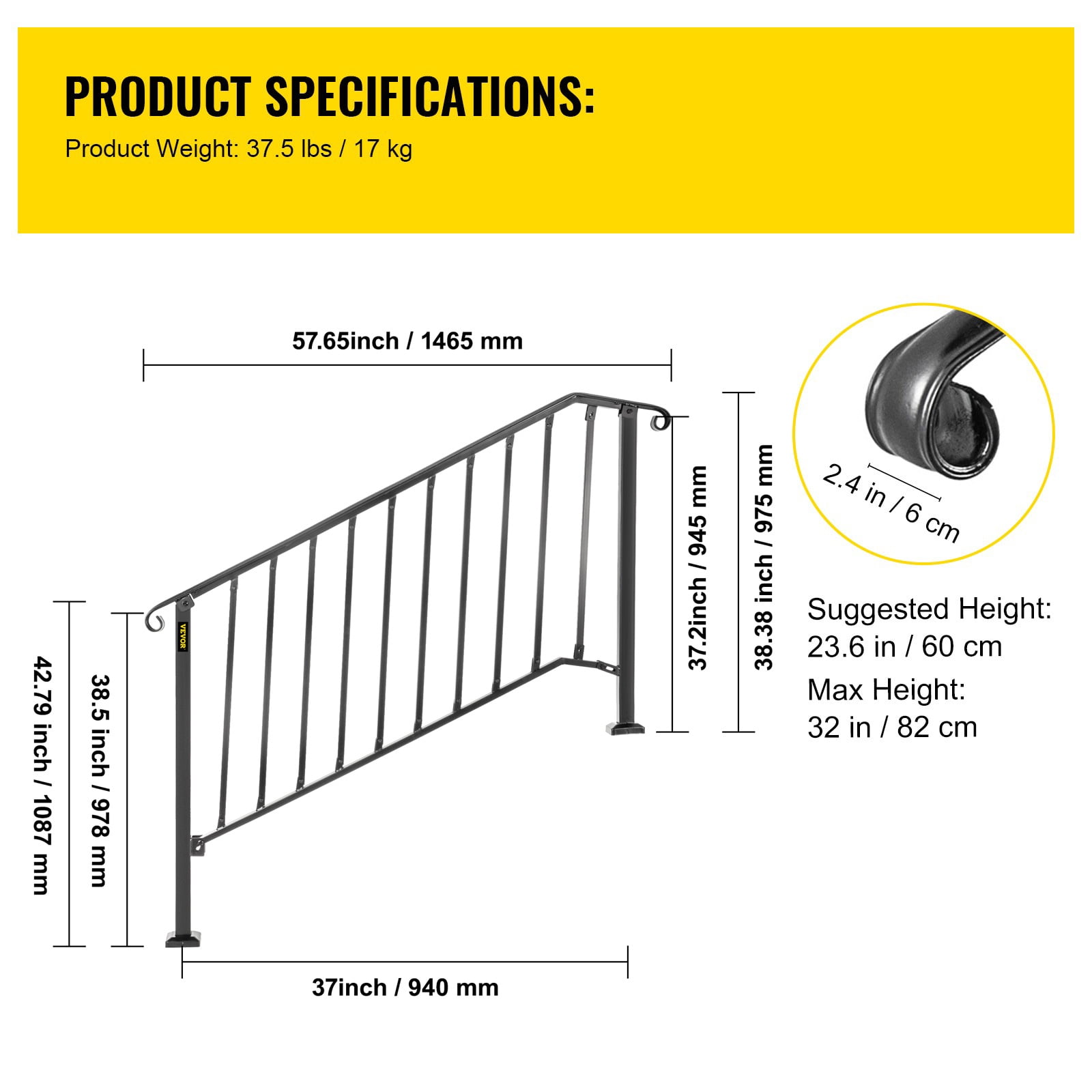 BENTISM Iron Handrail Picket 4 or 5 Steps Stair Railing Hand Rail for Outdoor