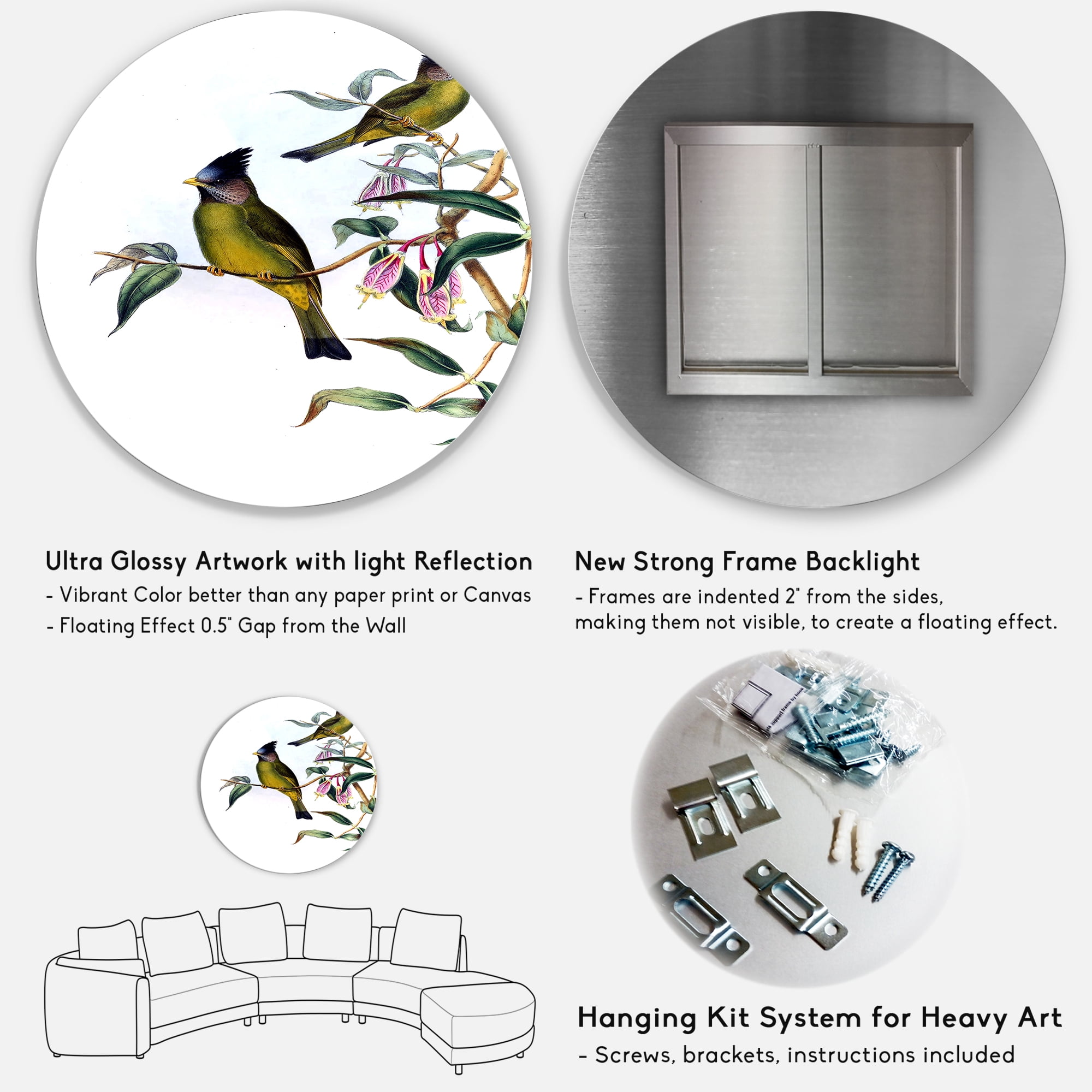 Designart 'Vintage Countryside Birds On Branch II' Farmhouse Circle Metal Wall Art 36x36 - Disc of 36