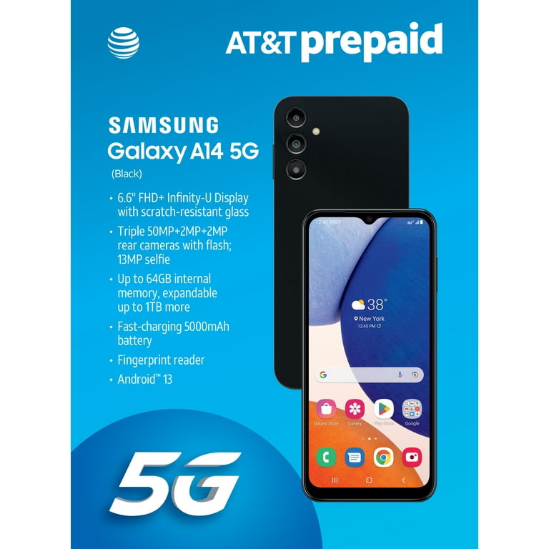 AT&T Samsung Galaxy A14 5G, 64GB Black - Prepaid Smartphone