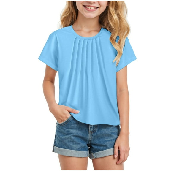 Povozer Girls Lightweight Solid Color Shirts Girls Short Sleeve Shirts Casual Crewneck Stripe T-Shirts Kid Girls Soft Cotton Pullover Shirts Tops Toddler Sweatshirt for 7-8 Years,Blue