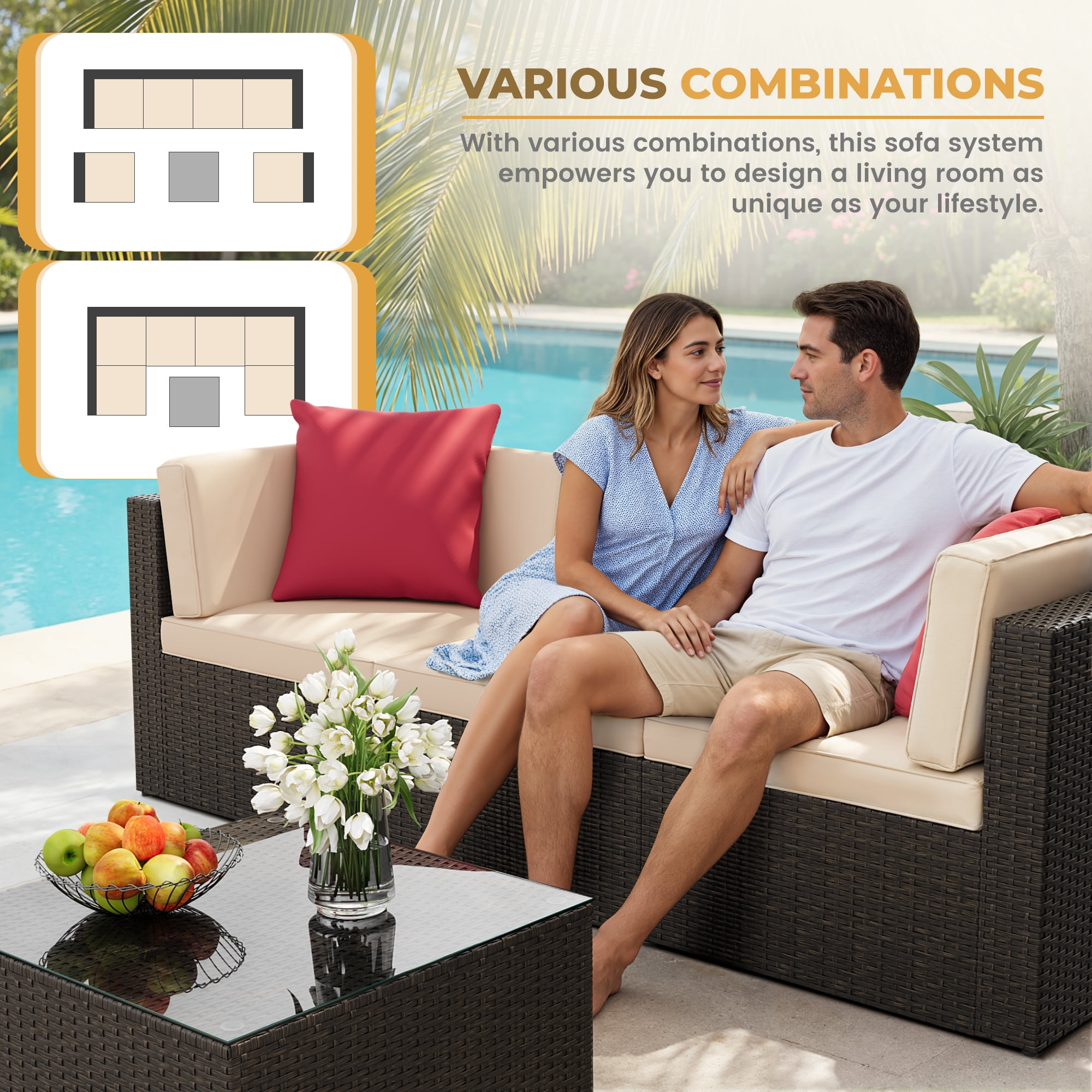 Lacoo 7 PCS Patio Outdoor Furniture Wicker Sectional Sofa with Cushion, Beige