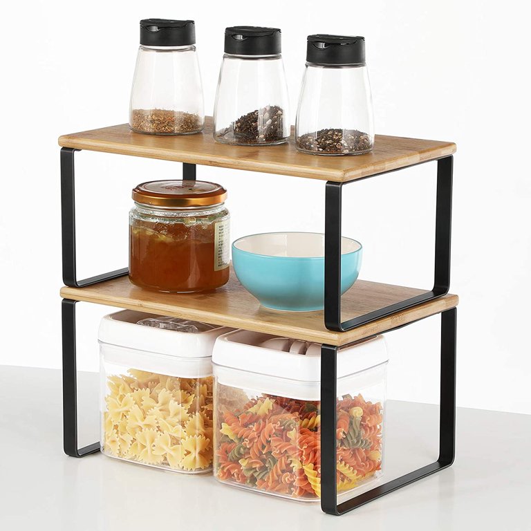 SONGMICS Cabinet Shelf Organizers Set of 2 Kitchen Counter Shelves Metal  and Bamboo Black and Natural