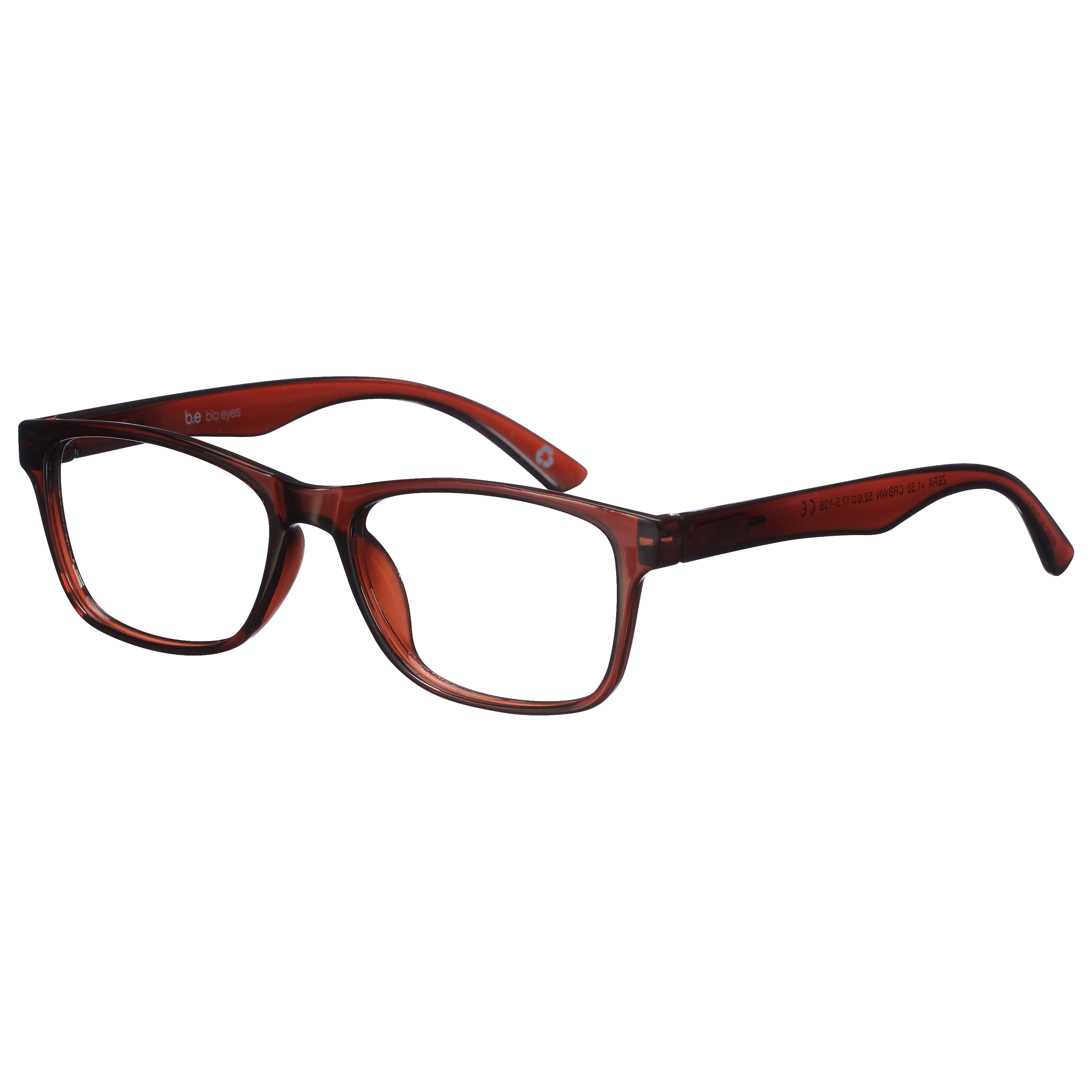 B.E Bio Eyes Mens Rectangular Reading Glasses Made from Recycled Plastic Zera +2.50 in Brown