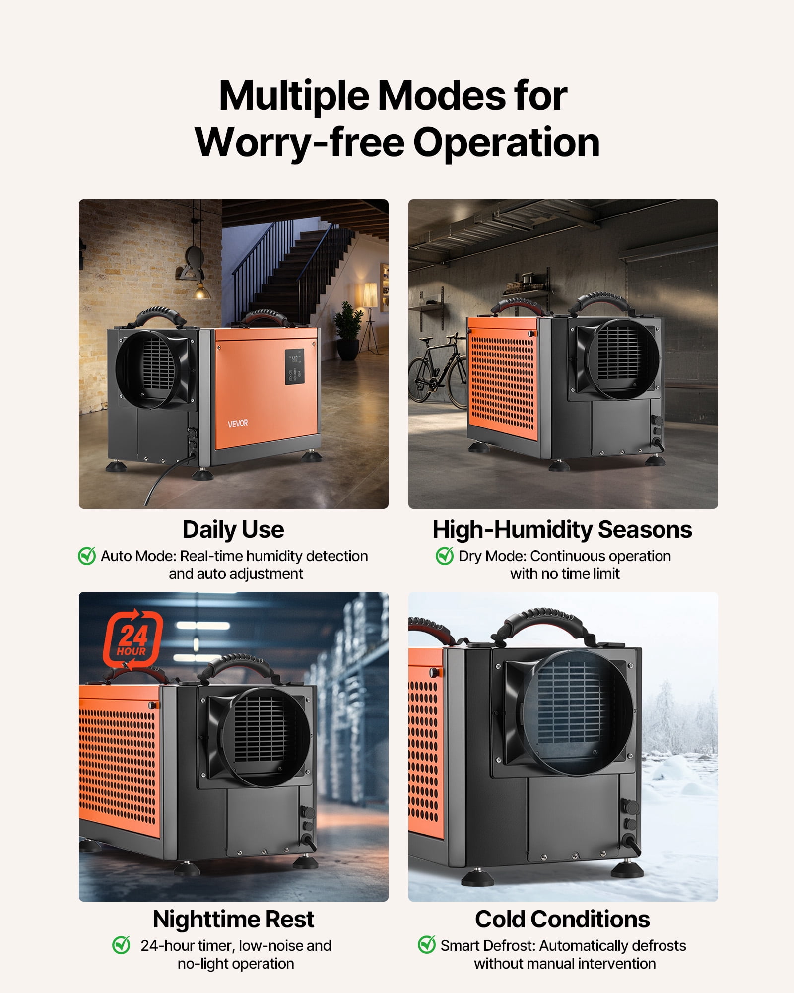 VEVOR 70 Pints Commercial Dehumidifier with Drain Hose, Portable Crawl Space Dehumidifiers for Basement Storage Room Industrial, Auto Defrost/Drainage, Heavy-duty Galvanized Steel, LED Indicate