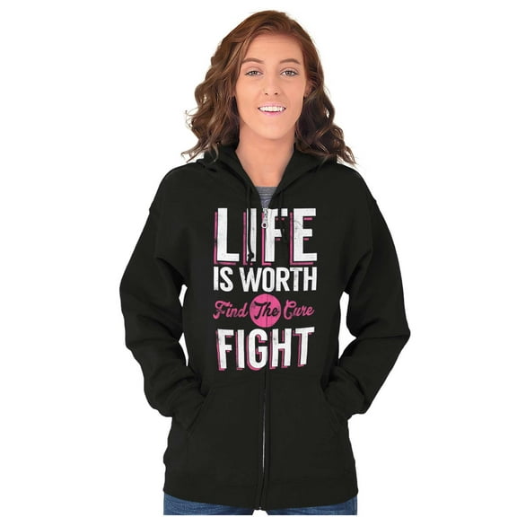 Life is Worth the Fight Breast Cancer Womens Plus Size Graphic Zipper Hoodie Brisco Brands 2X
