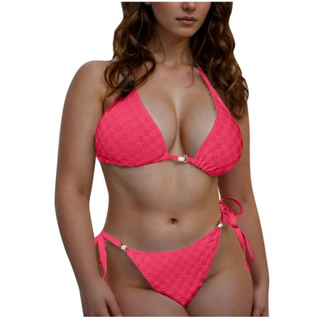 UTSJKR Savings Triangle Thong Bikini Sets for Women Sexy String Brazillian Two Piece Swimsuit Halter String Tie Side Bathing Suit Red XL