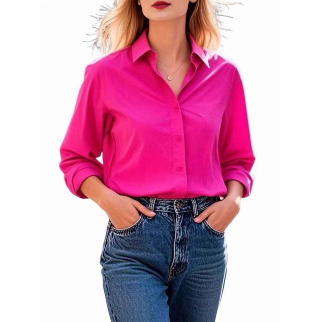 Camisa de Larga con Botones para Mujer, Corte Clásico, Blusa para Oficina y Trabajo. Rosa Roja XL